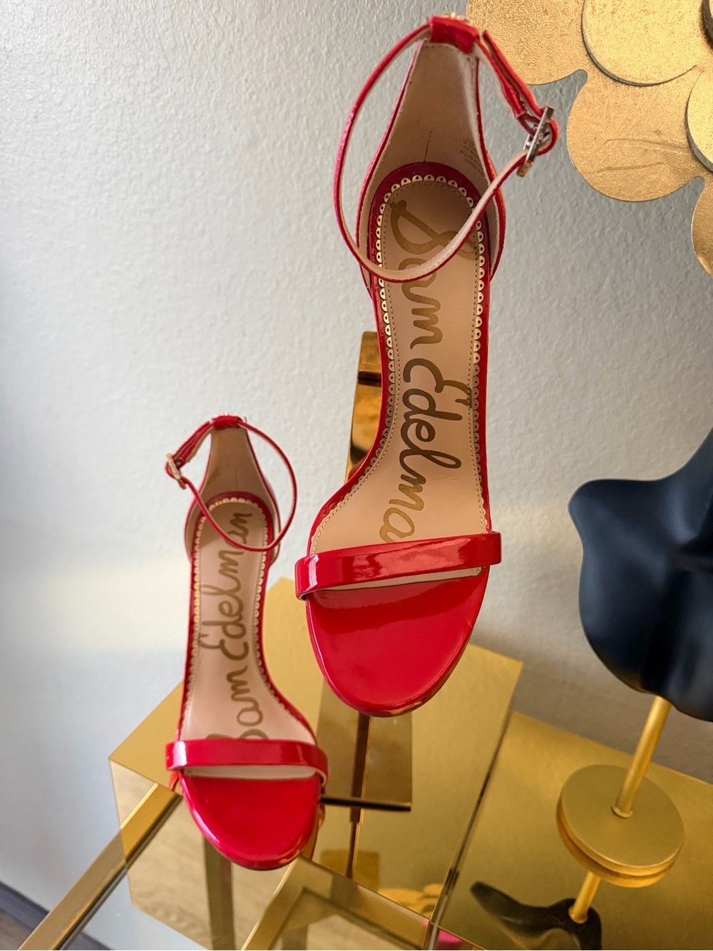 Sam Edelman Red Patent Ankle-Strap Heels with Gold Accents